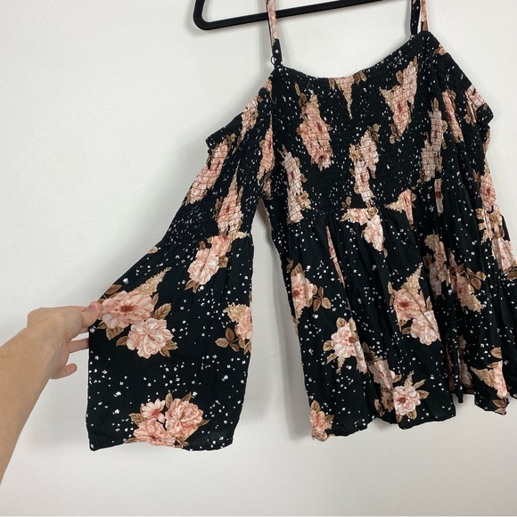 Torrid Black Floral Smocked Cold Shoulder Blouse - Picture 6 of 8